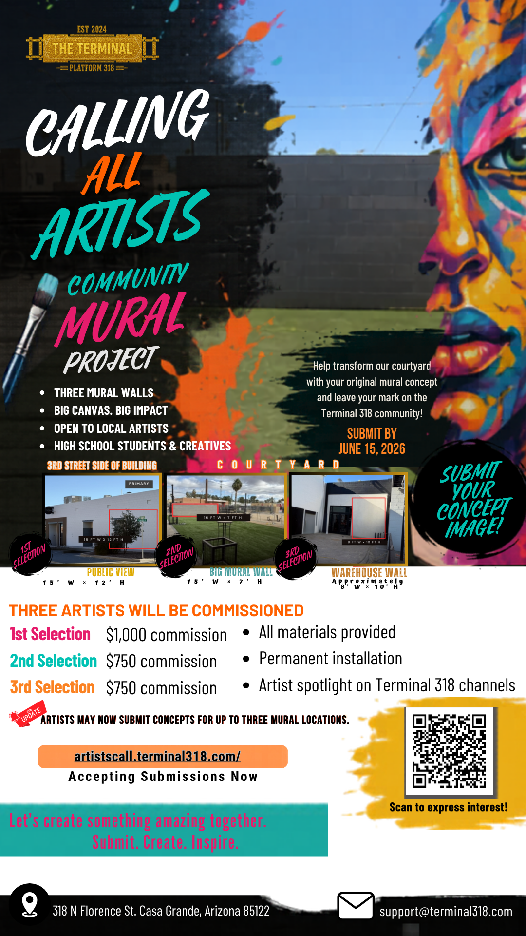 Terminal 318 Community Mural Project flyer: commissioning local artists